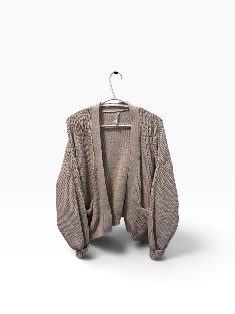 Paper Label Beige Chunky Knit Cardigan Oversized Open Front Balloon Sleeve Cozy